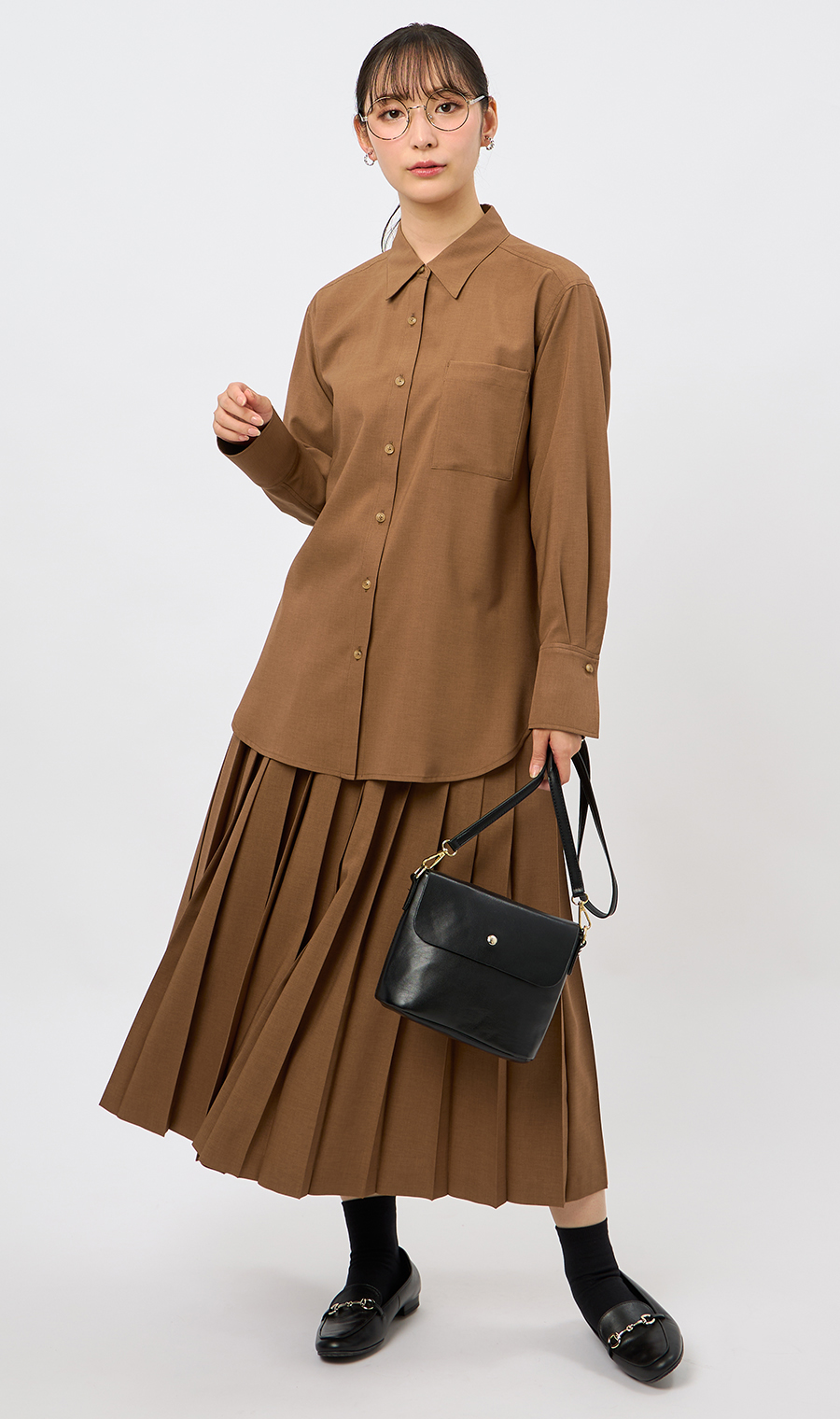 シャツブラウス【セットアップ着用可】【長袖】 ブラウン M