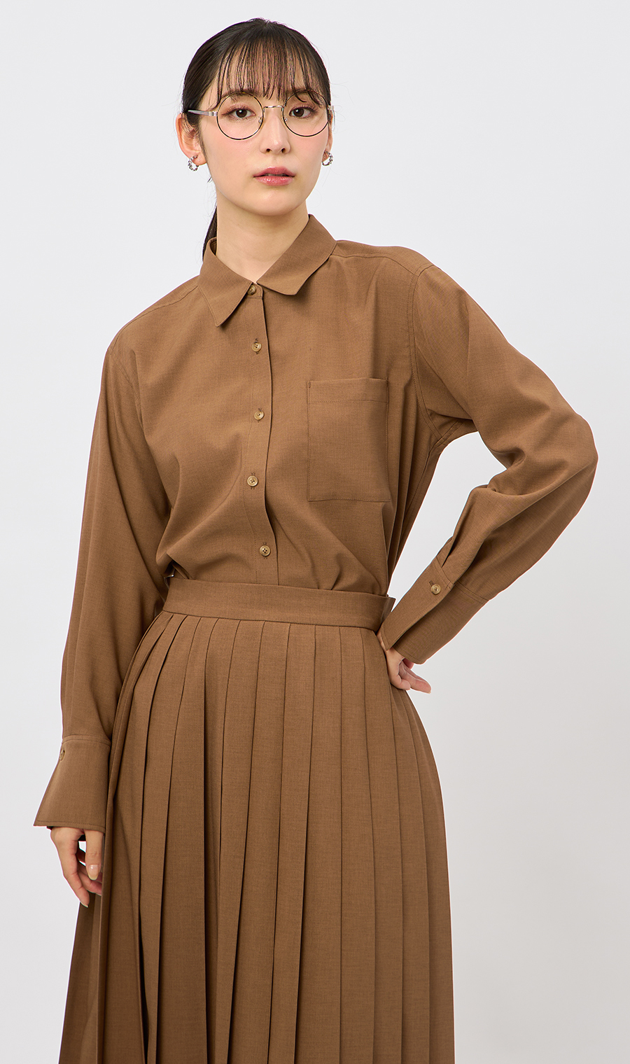 シャツブラウス【セットアップ着用可】【長袖】 ブラウン M