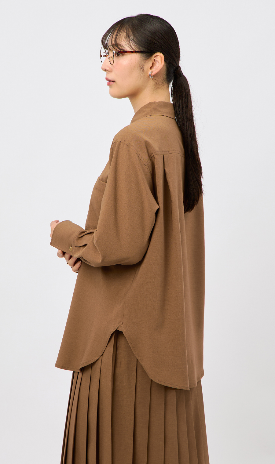 シャツブラウス【セットアップ着用可】【長袖】 ブラウン M