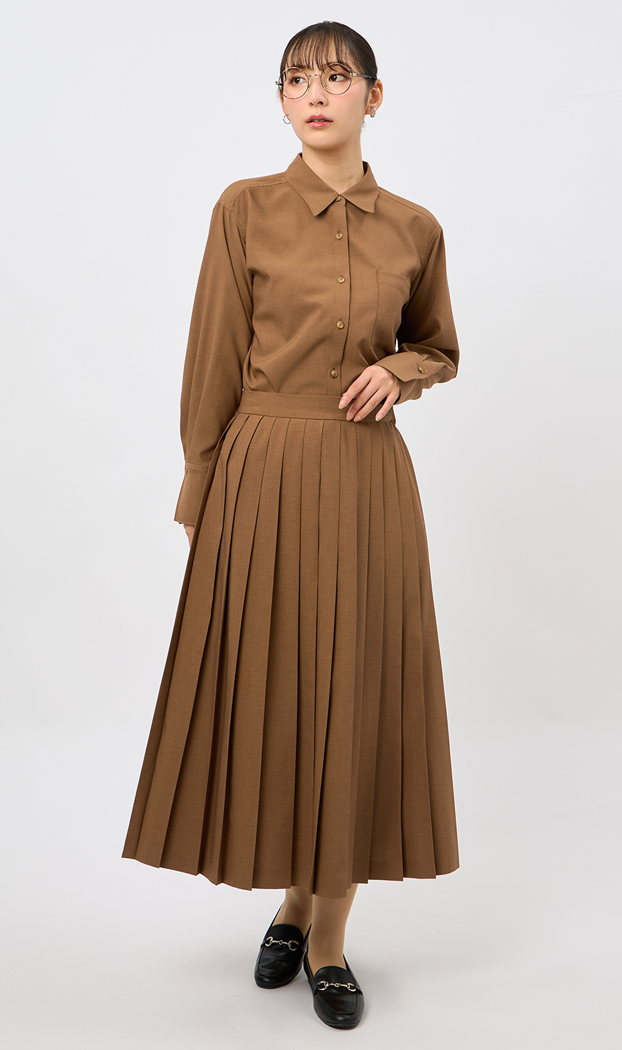 シャツブラウス【セットアップ着用可】【長袖】 ブラウン M