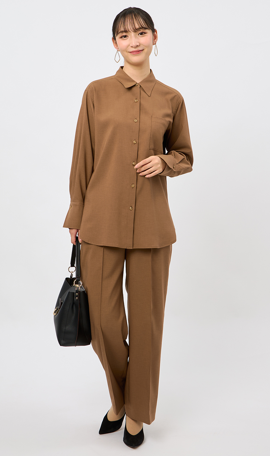 シャツブラウス【セットアップ着用可】【長袖】 ブラウン M