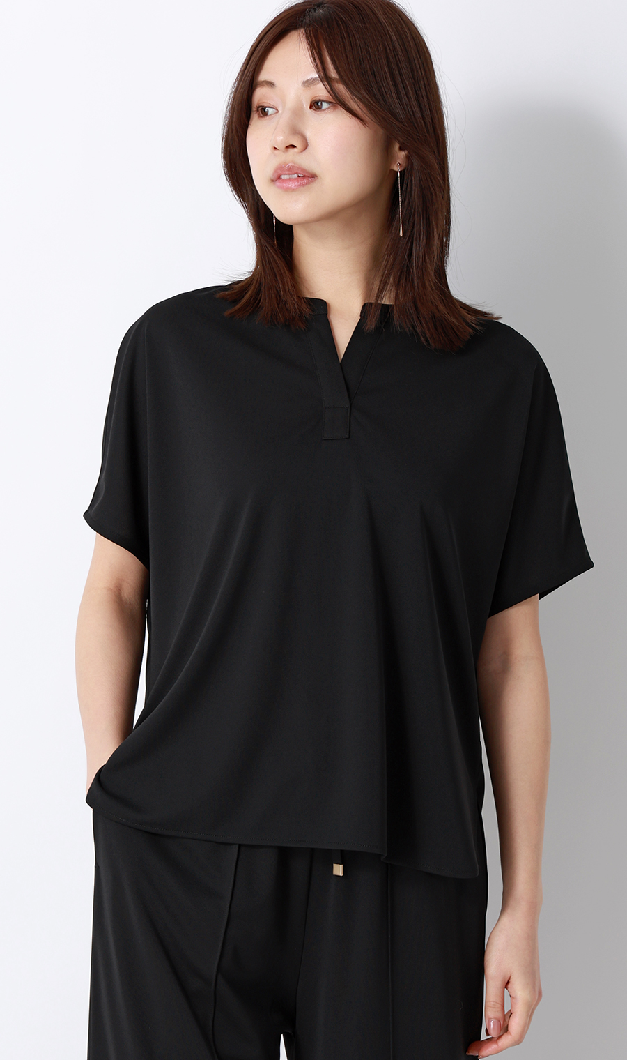キーネックブラウス【半袖】【涼】【セットアップ着用可】 ブラック S