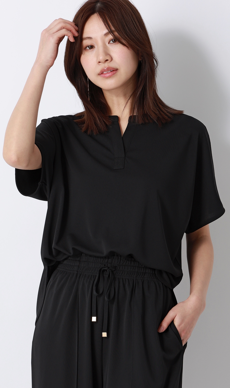 キーネックブラウス【半袖】【涼】【セットアップ着用可】 ブラック S