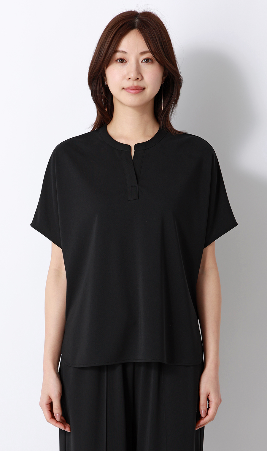 キーネックブラウス【半袖】【涼】【セットアップ着用可】 ブラック S