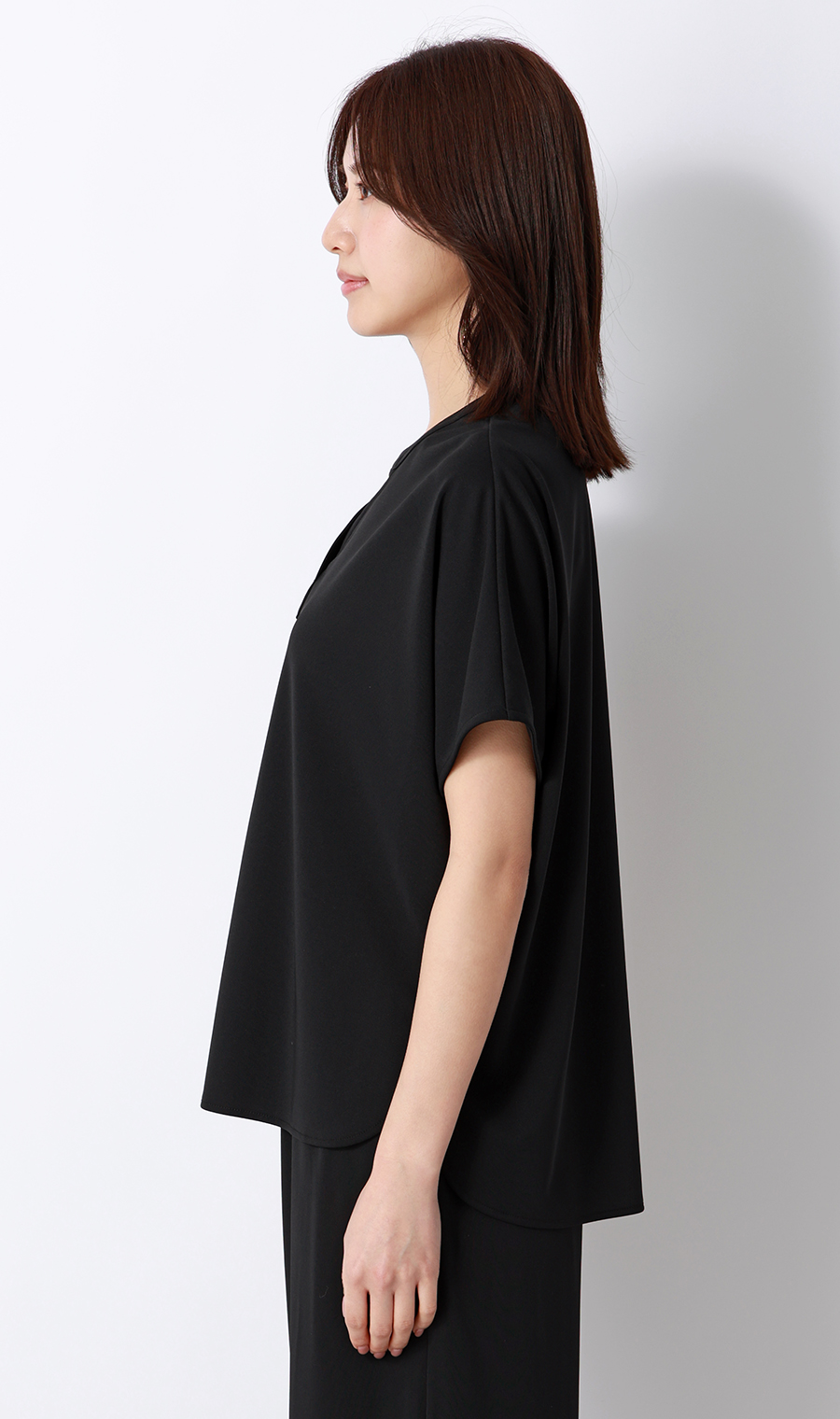 キーネックブラウス【半袖】【涼】【セットアップ着用可】 ブラック S