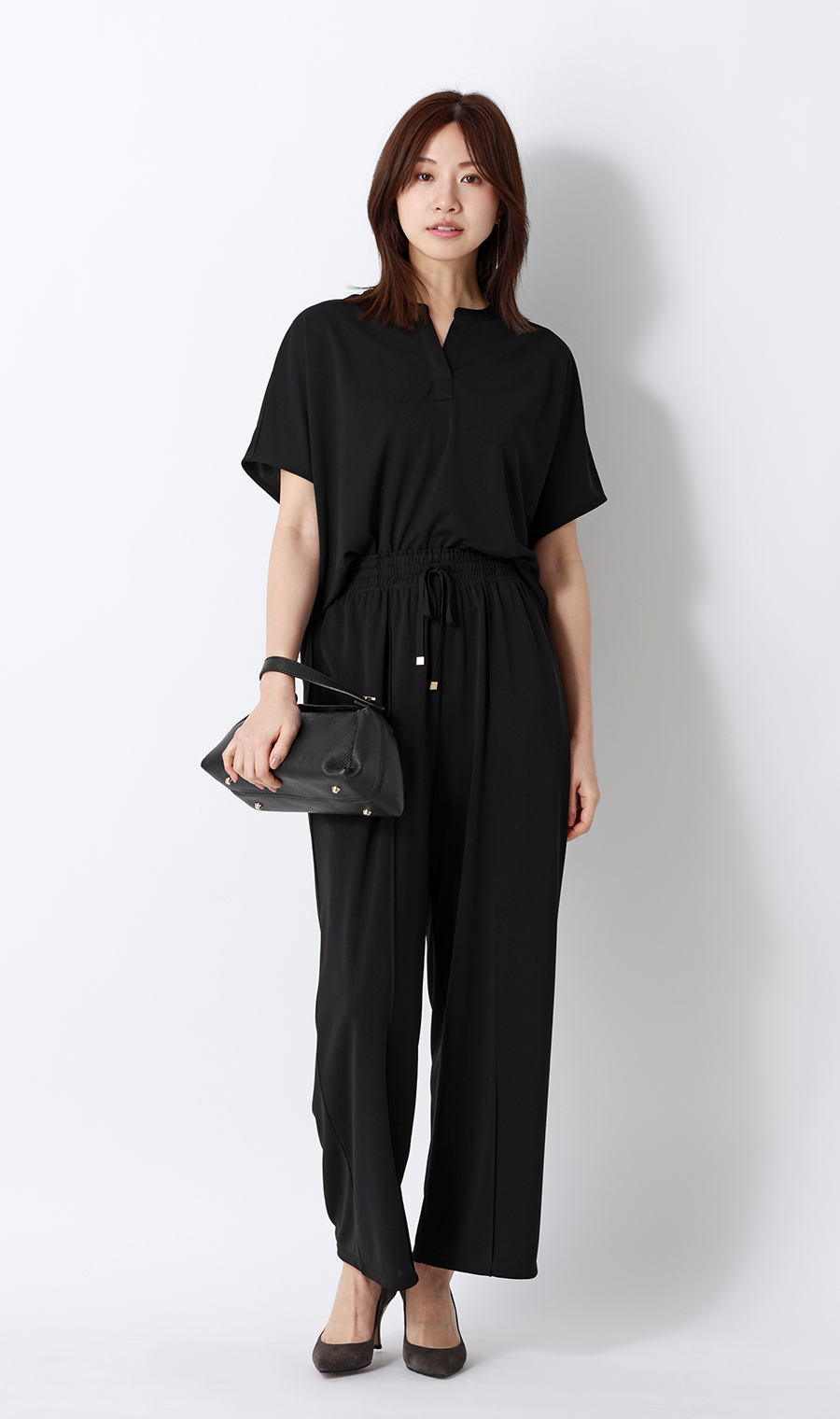 キーネックブラウス【半袖】【涼】【セットアップ着用可】 ブラック S