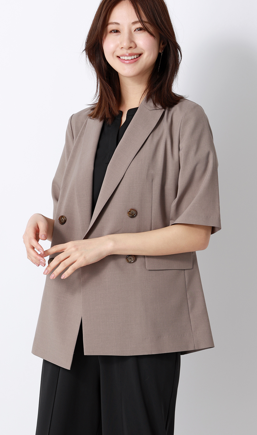 キーネックブラウス【半袖】【涼】【セットアップ着用可】 ブラック S