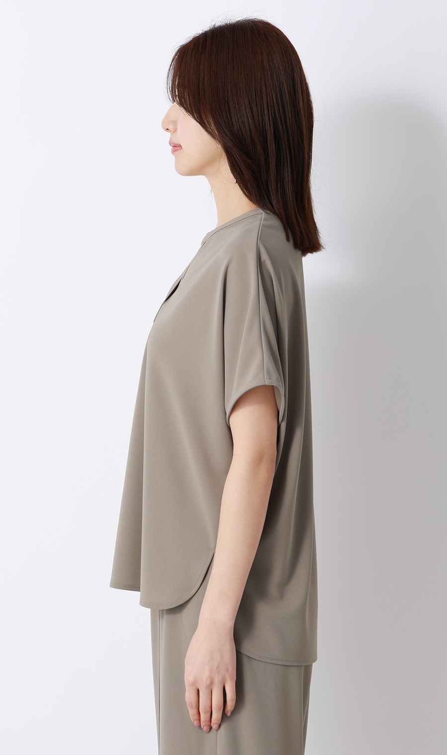 キーネックブラウス【半袖】【涼】【セットアップ着用可】 グレージュ S