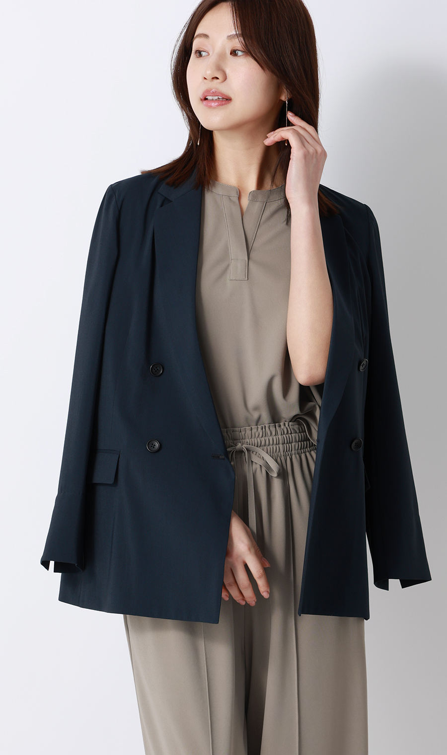 キーネックブラウス【半袖】【涼】【セットアップ着用可】 グレージュ S