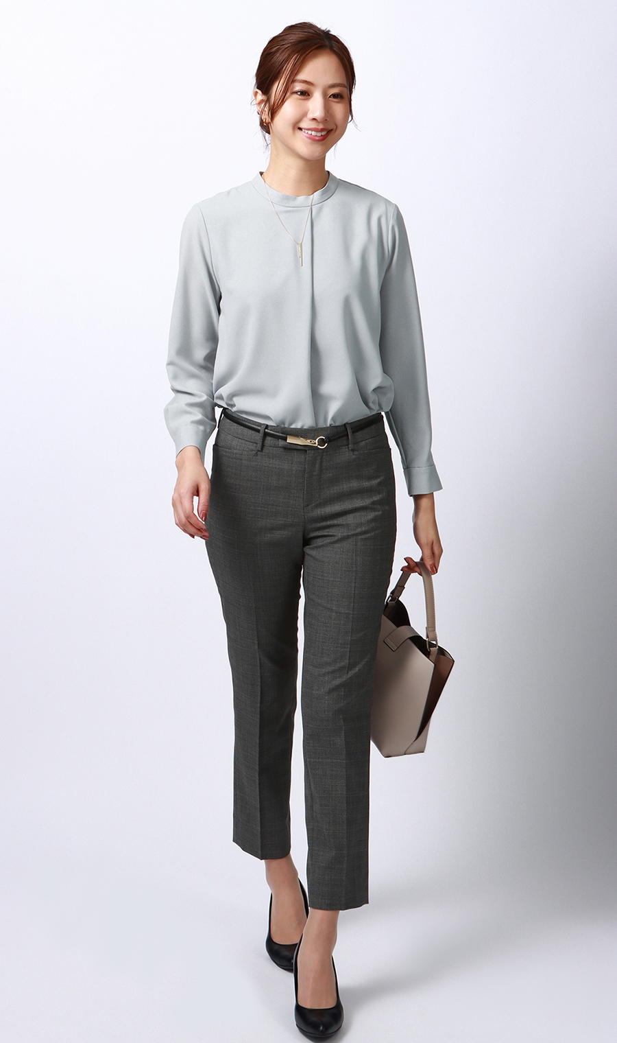 ハイネックタックブラウス《長袖》 ブルー S