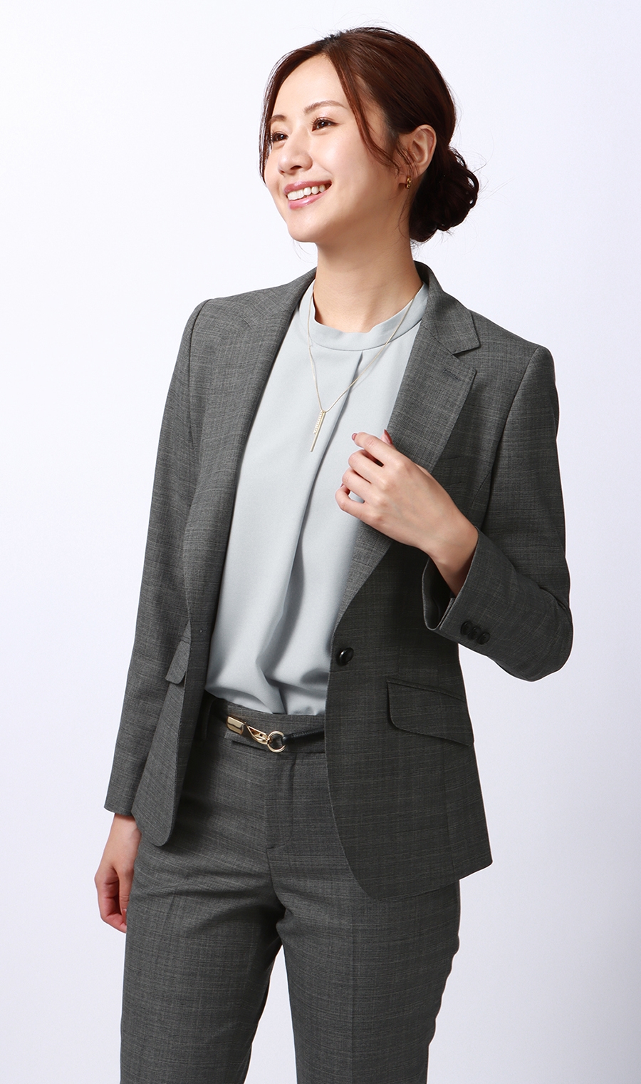 ハイネックタックブラウス《長袖》 ブルー S