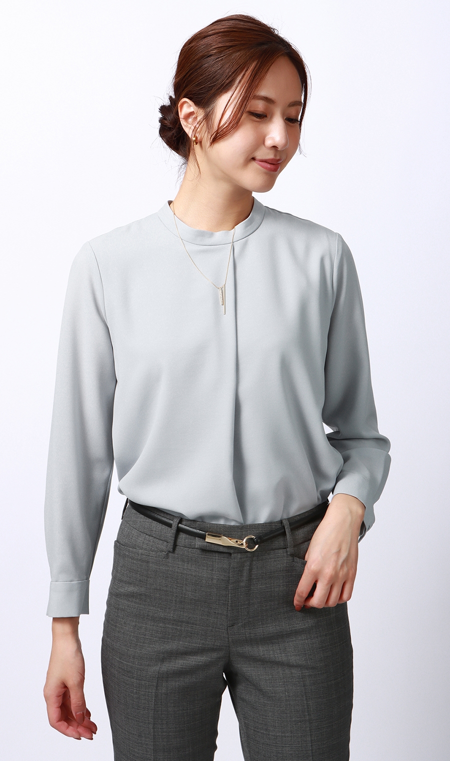 ハイネックタックブラウス《長袖》 ブルー S