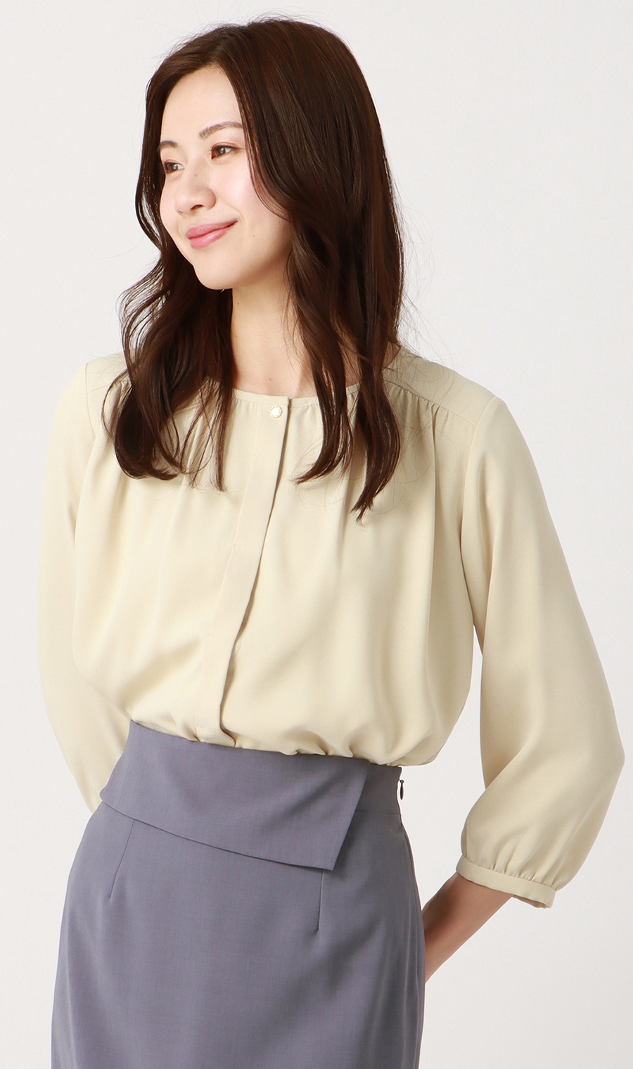 クルーネックブラウス《7分袖》《前開き》 イエロー S