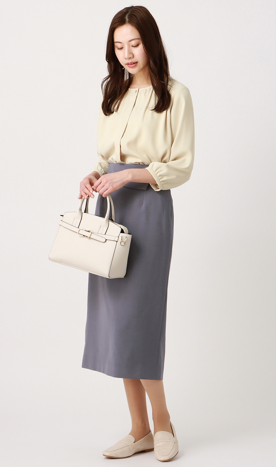 クルーネックブラウス《7分袖》《前開き》 イエロー S