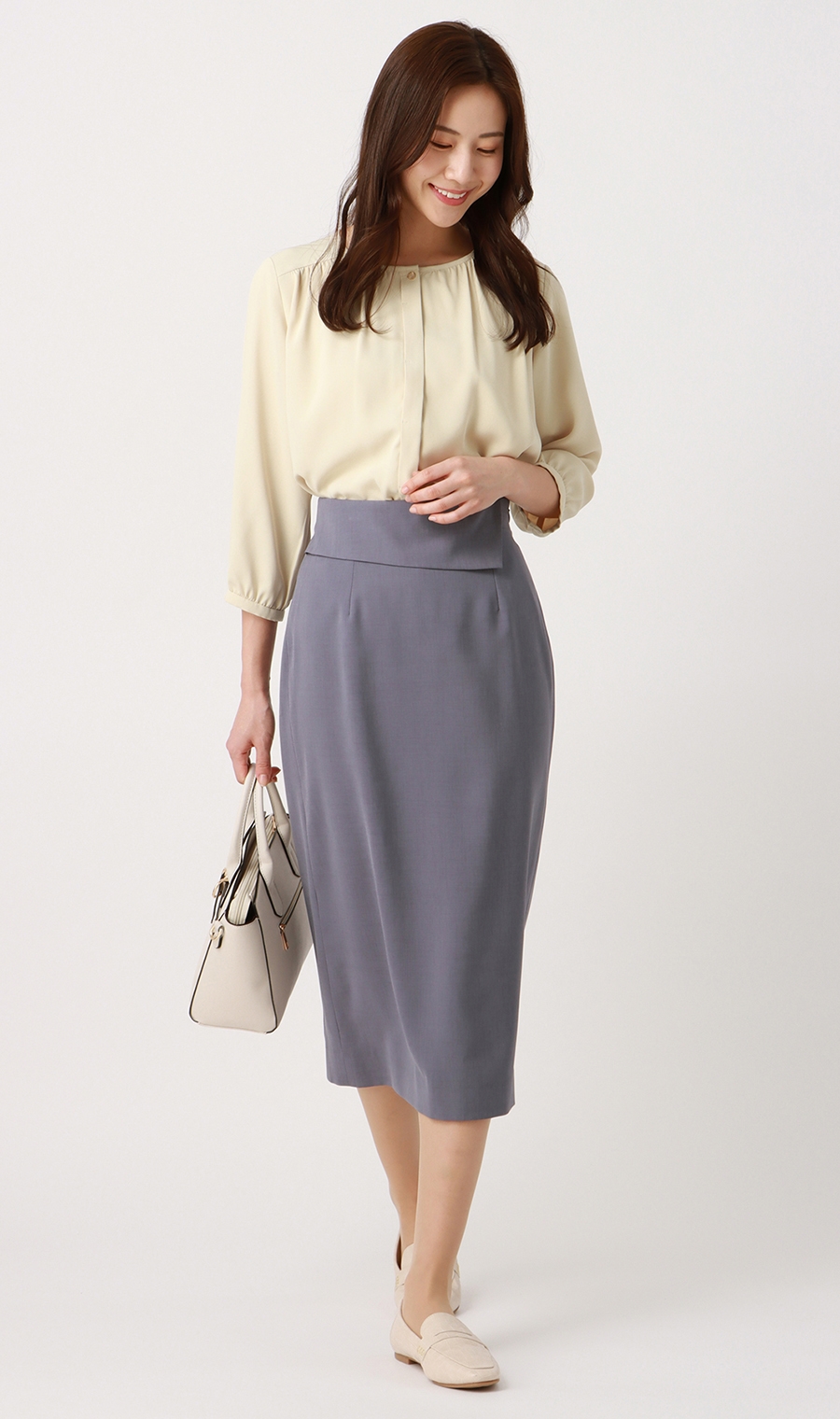 クルーネックブラウス《7分袖》《前開き》 イエロー S