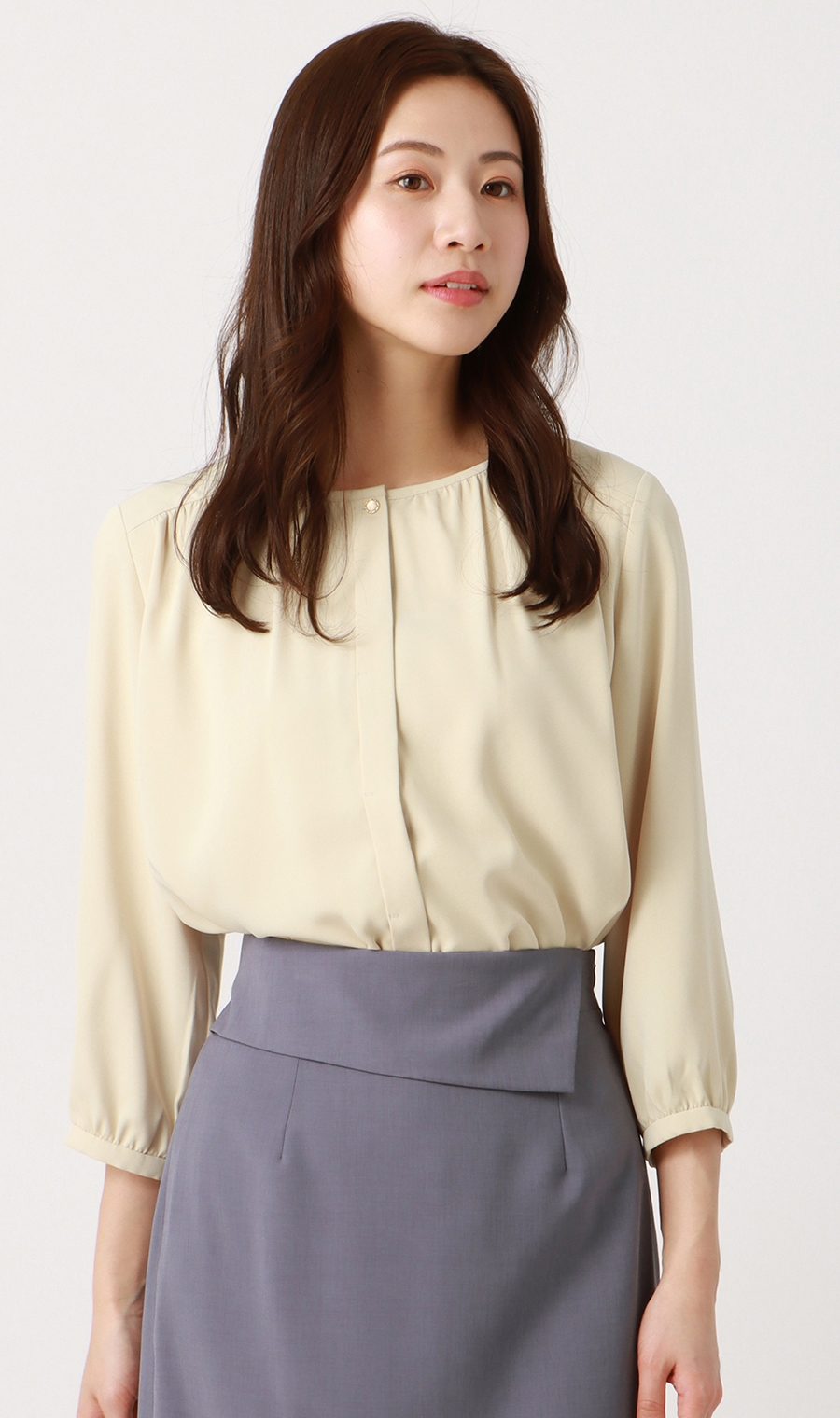 クルーネックブラウス《7分袖》《前開き》 イエロー S