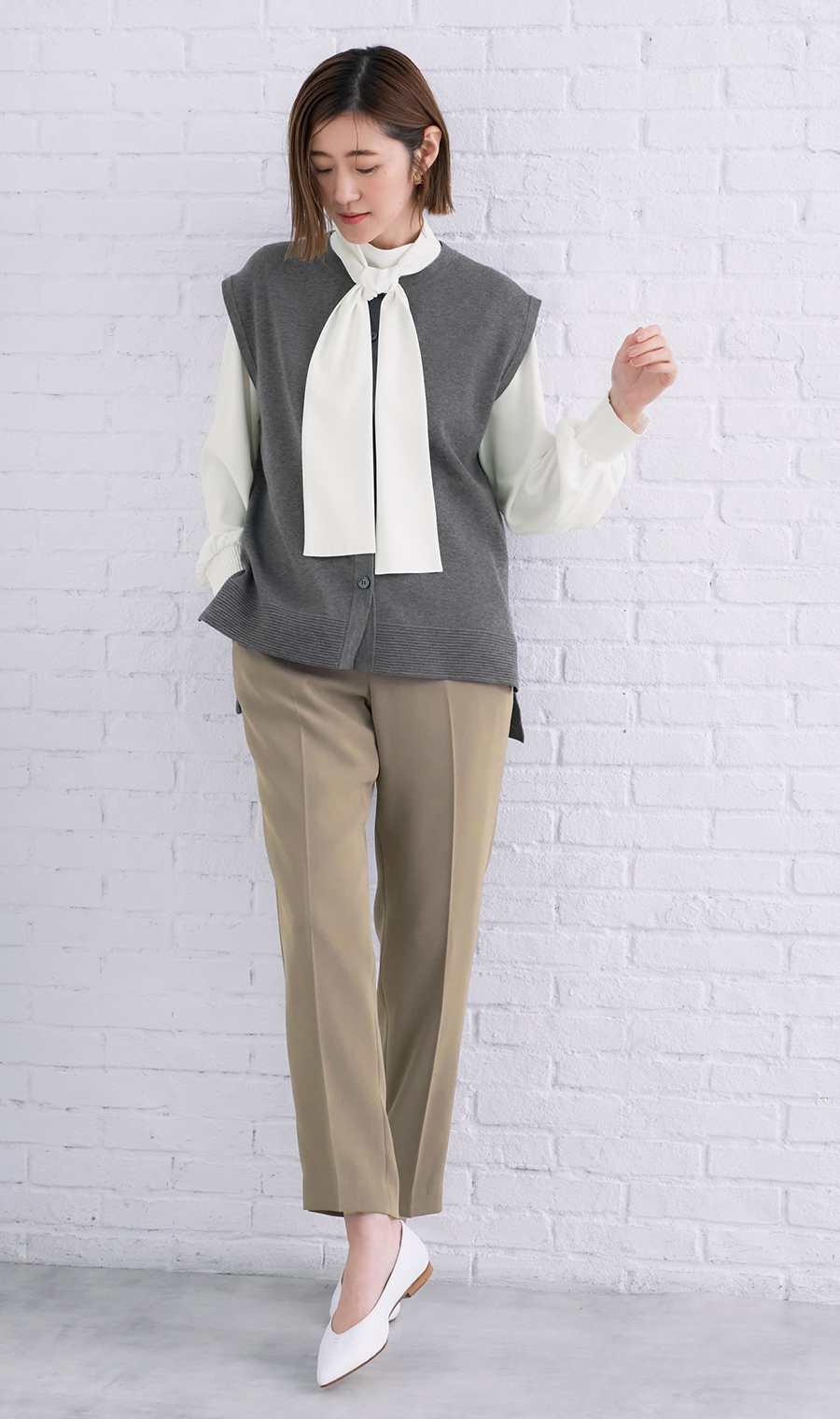 ハイネックボウタイブラウス【2WAY】【長袖】【WEB限定】 ホワイト M