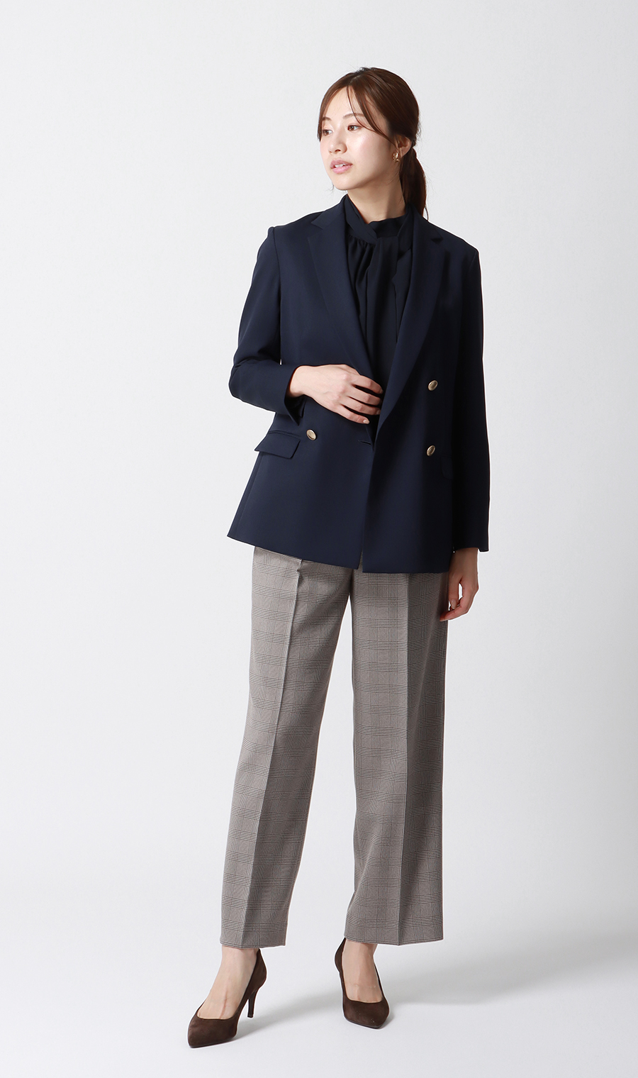 ハイネックボウタイブラウス【2WAY】【長袖】【WEB限定】 ネイビー M