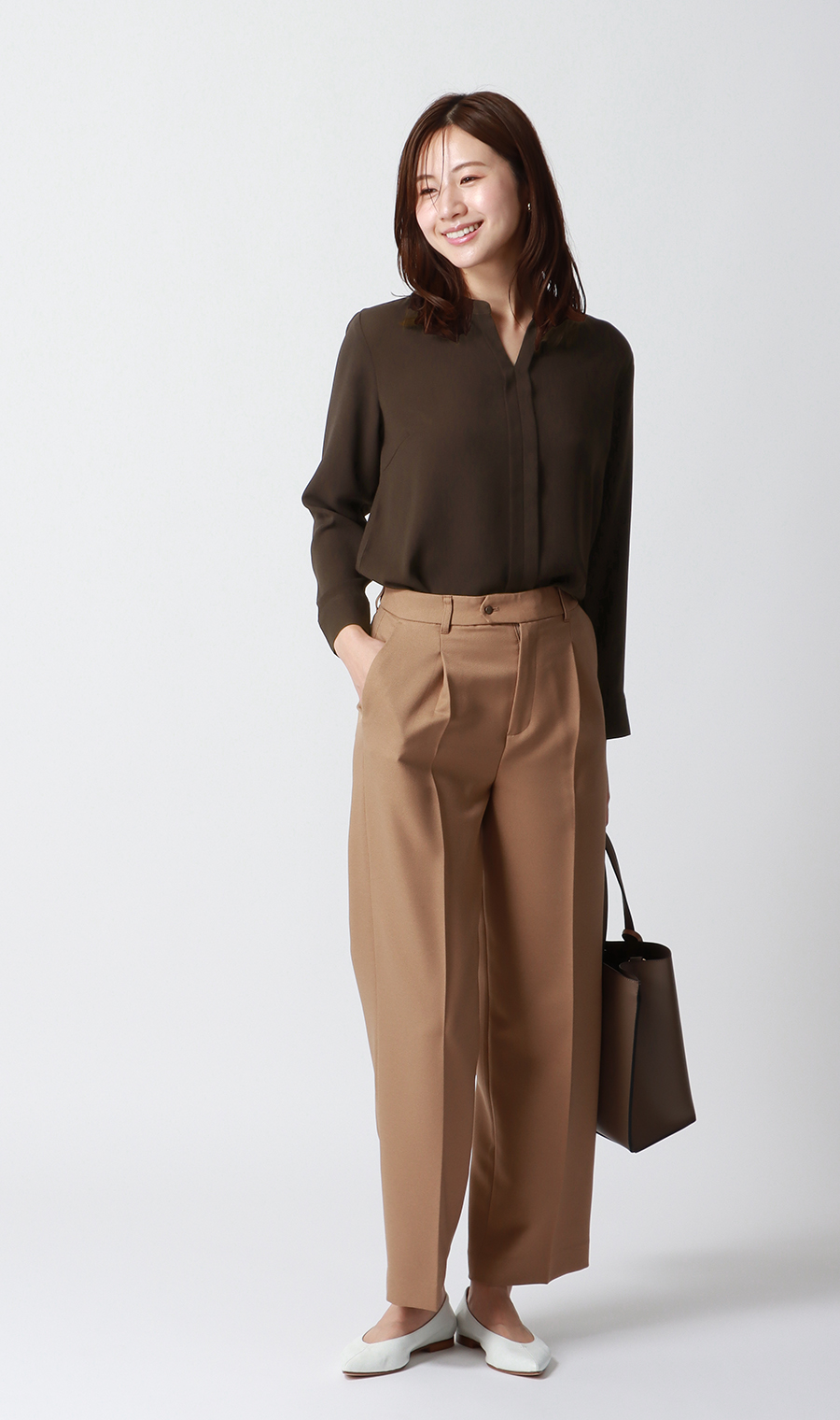 スキッパーカラーブラウス【長袖】【WEB限定】 ブラウン 3L