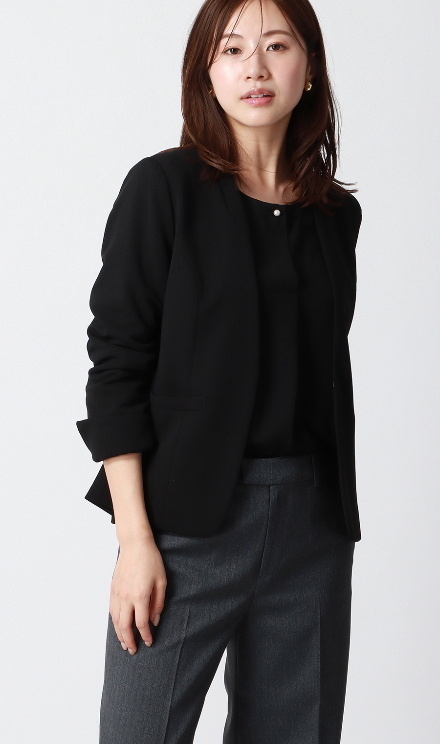 パール調ボタンブラウス【長袖】【WEB限定】 ブラック M