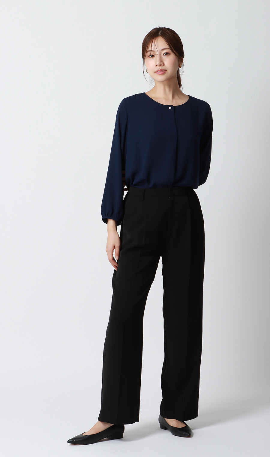 パール調ボタンブラウス【長袖】【WEB限定】 ネイビー M