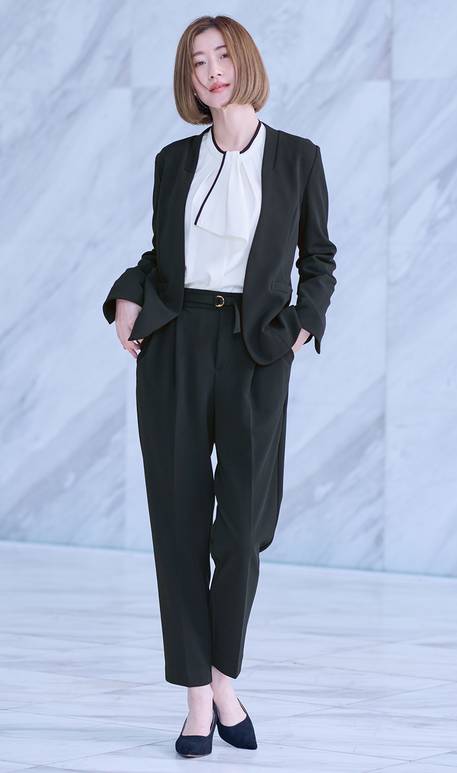 【週替わり_レディース】ライン配色フリルタイブラウス【長袖】【2WAY】 ホワイト S