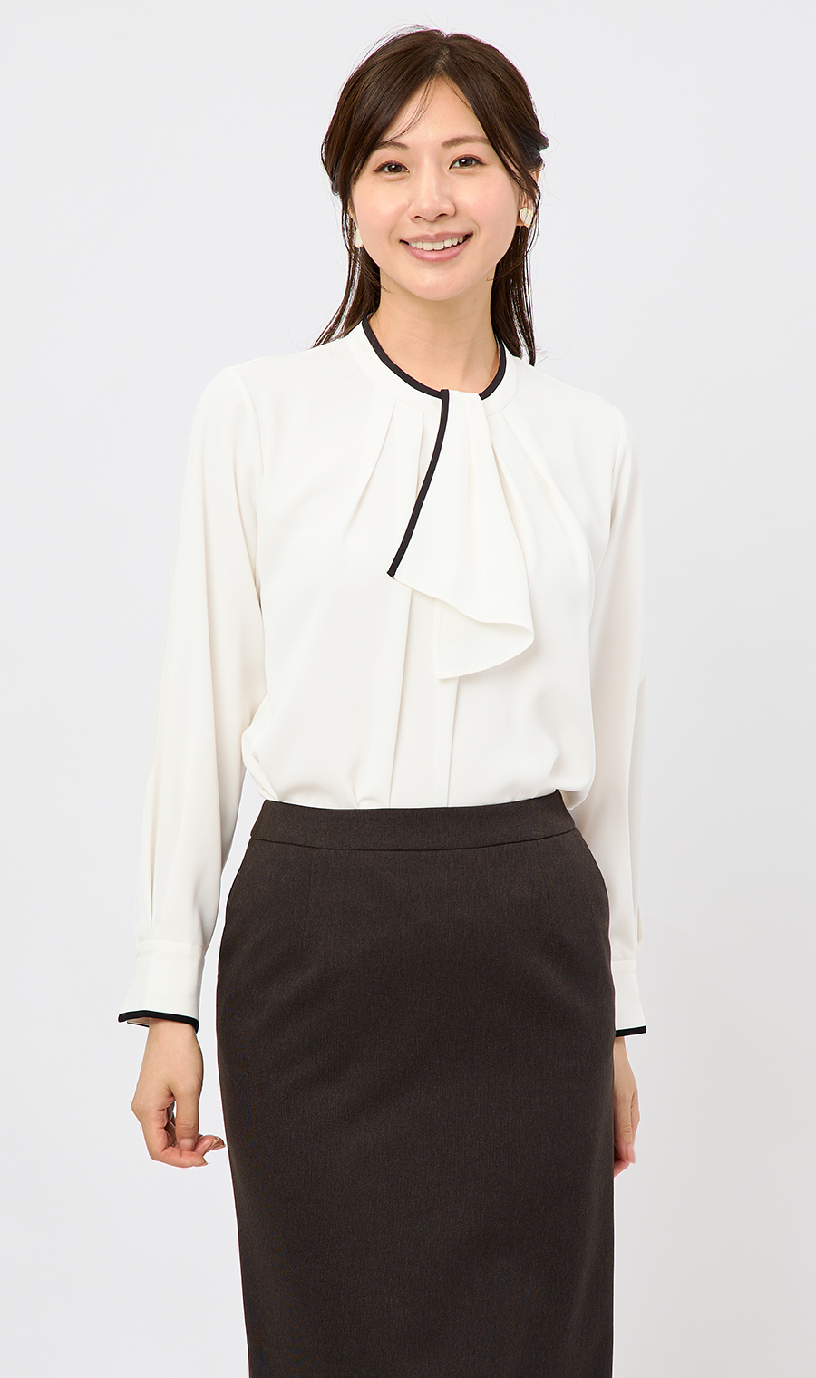 【週替わり_レディース】ライン配色フリルタイブラウス【長袖】【2WAY】 ホワイト S