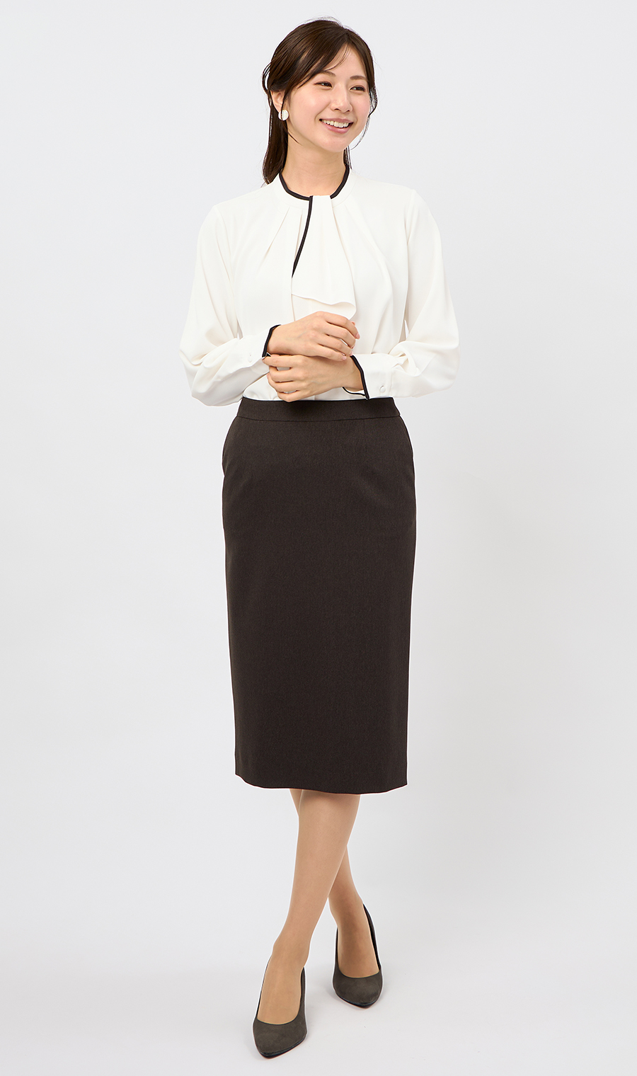 【週替わり_レディース】ライン配色フリルタイブラウス【長袖】【2WAY】 ホワイト S