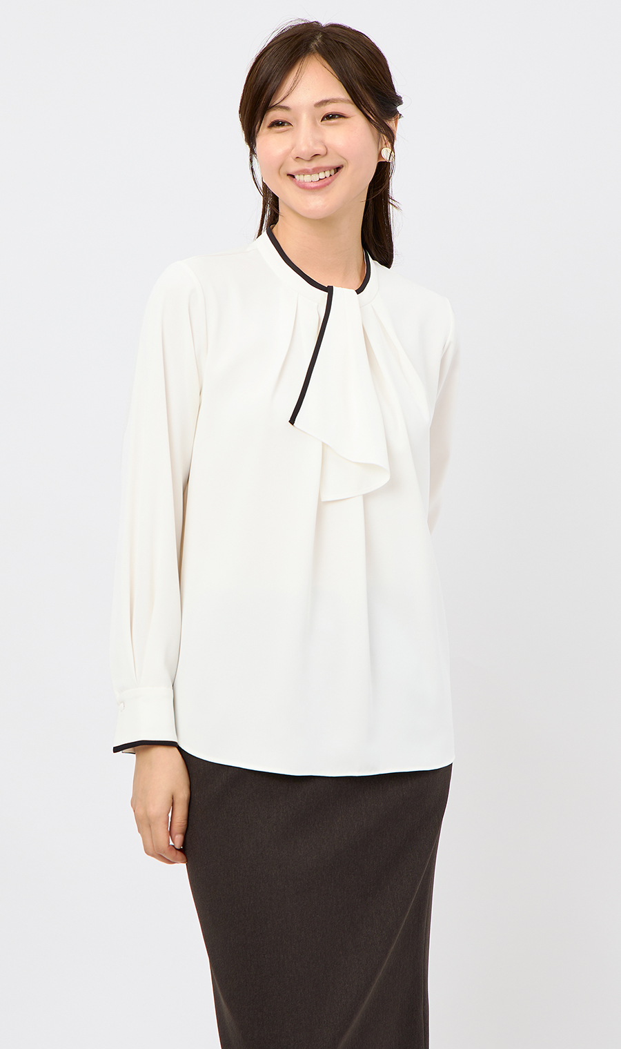 【週替わり_レディース】ライン配色フリルタイブラウス【長袖】【2WAY】 ホワイト S