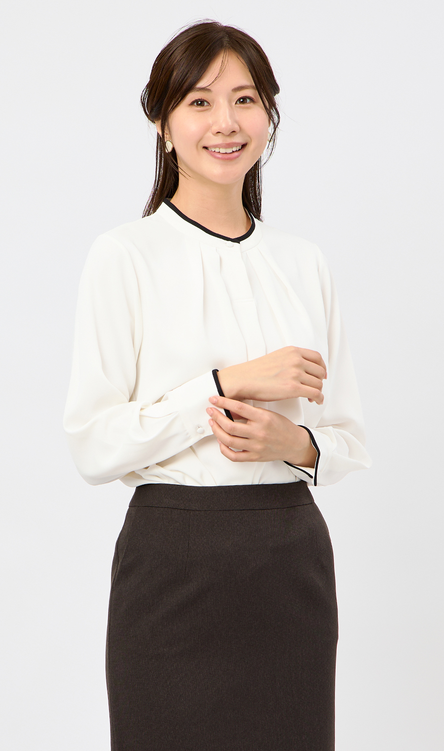 【週替わり_レディース】ライン配色フリルタイブラウス【長袖】【2WAY】 ホワイト S