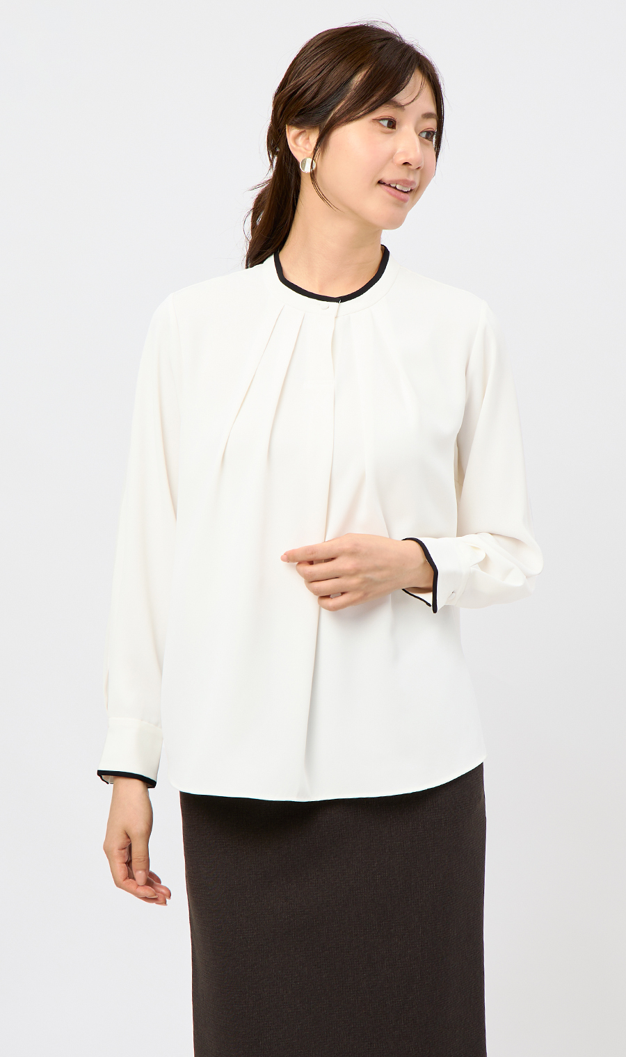 【週替わり_レディース】ライン配色フリルタイブラウス【長袖】【2WAY】 ホワイト S