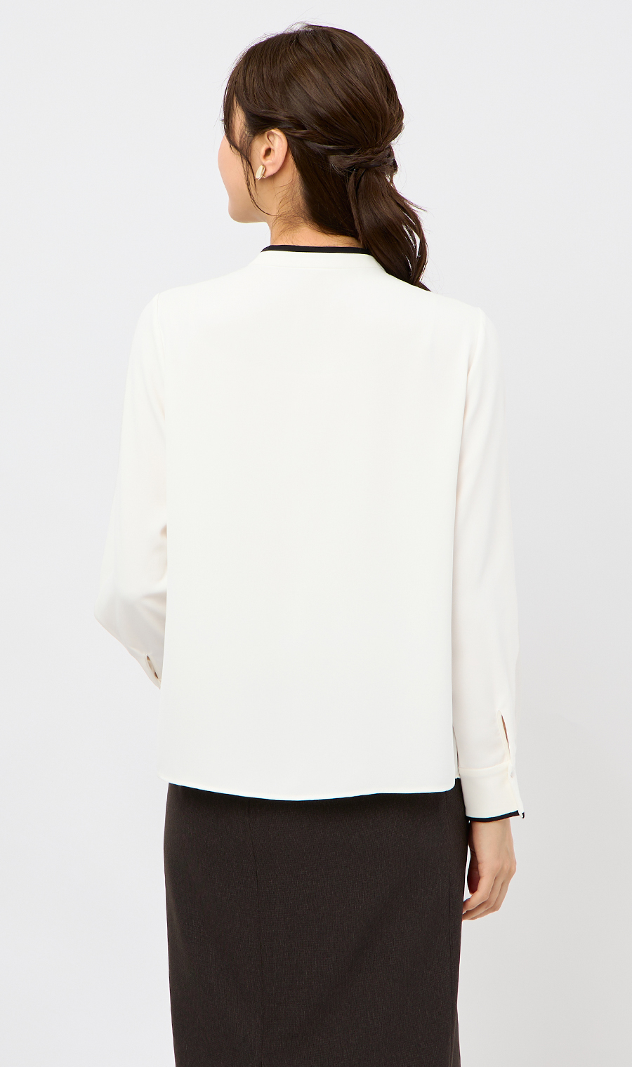 【週替わり_レディース】ライン配色フリルタイブラウス【長袖】【2WAY】 ホワイト S