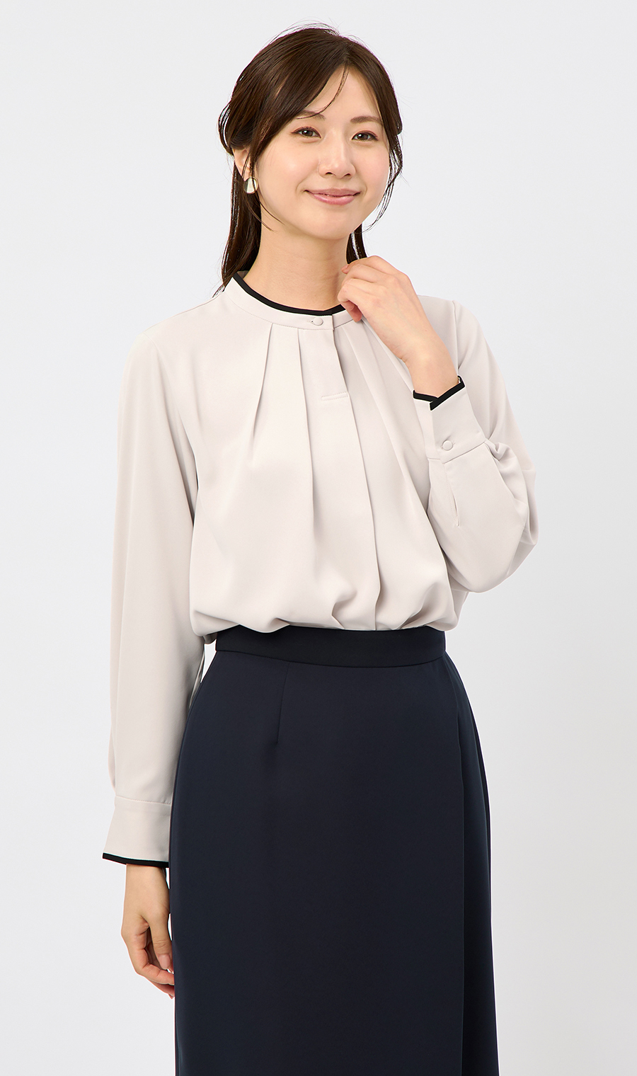 【週替わり_レディース】ライン配色フリルタイブラウス【長袖】【2WAY】 ベージュ S