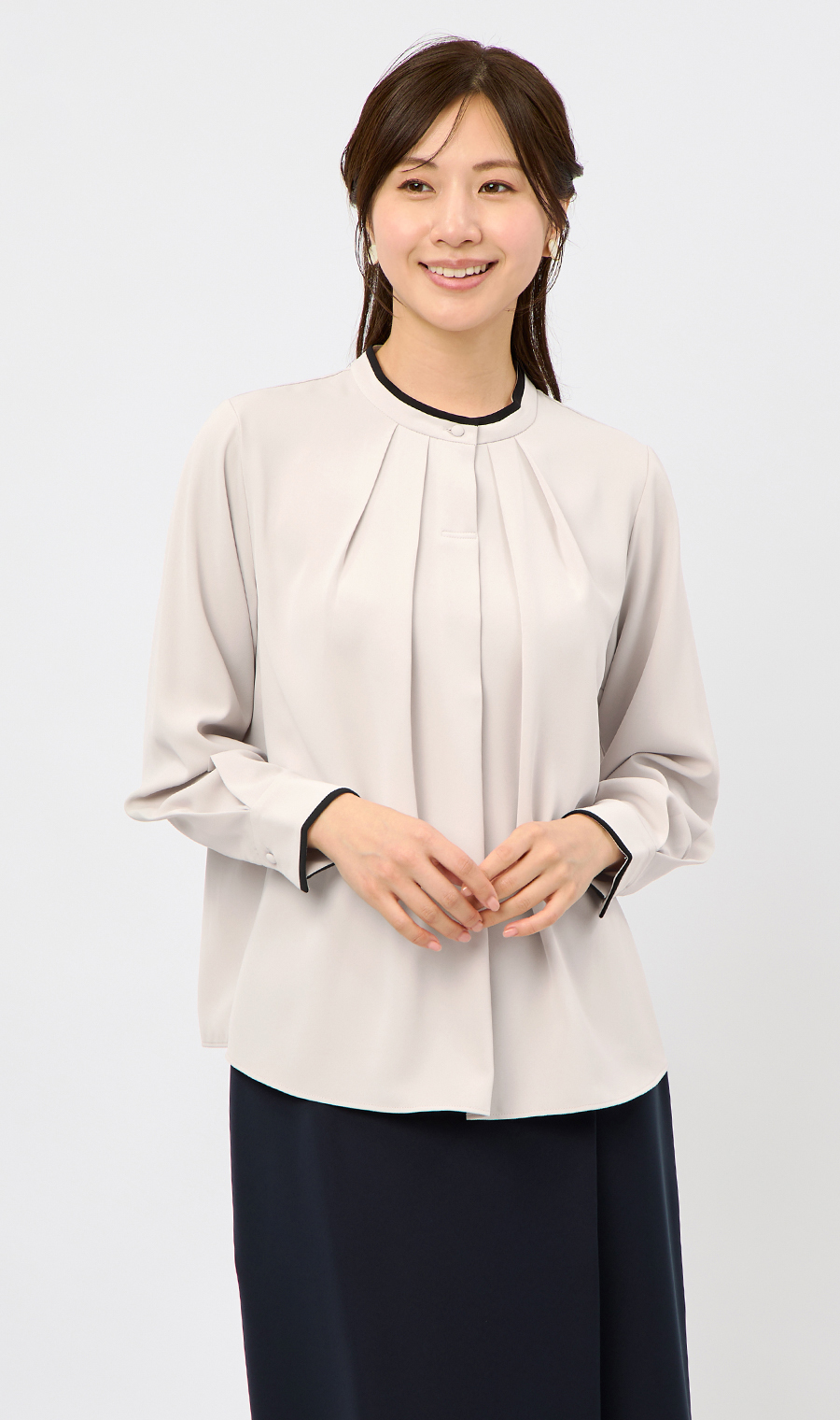 【週替わり_レディース】ライン配色フリルタイブラウス【長袖】【2WAY】 ベージュ S