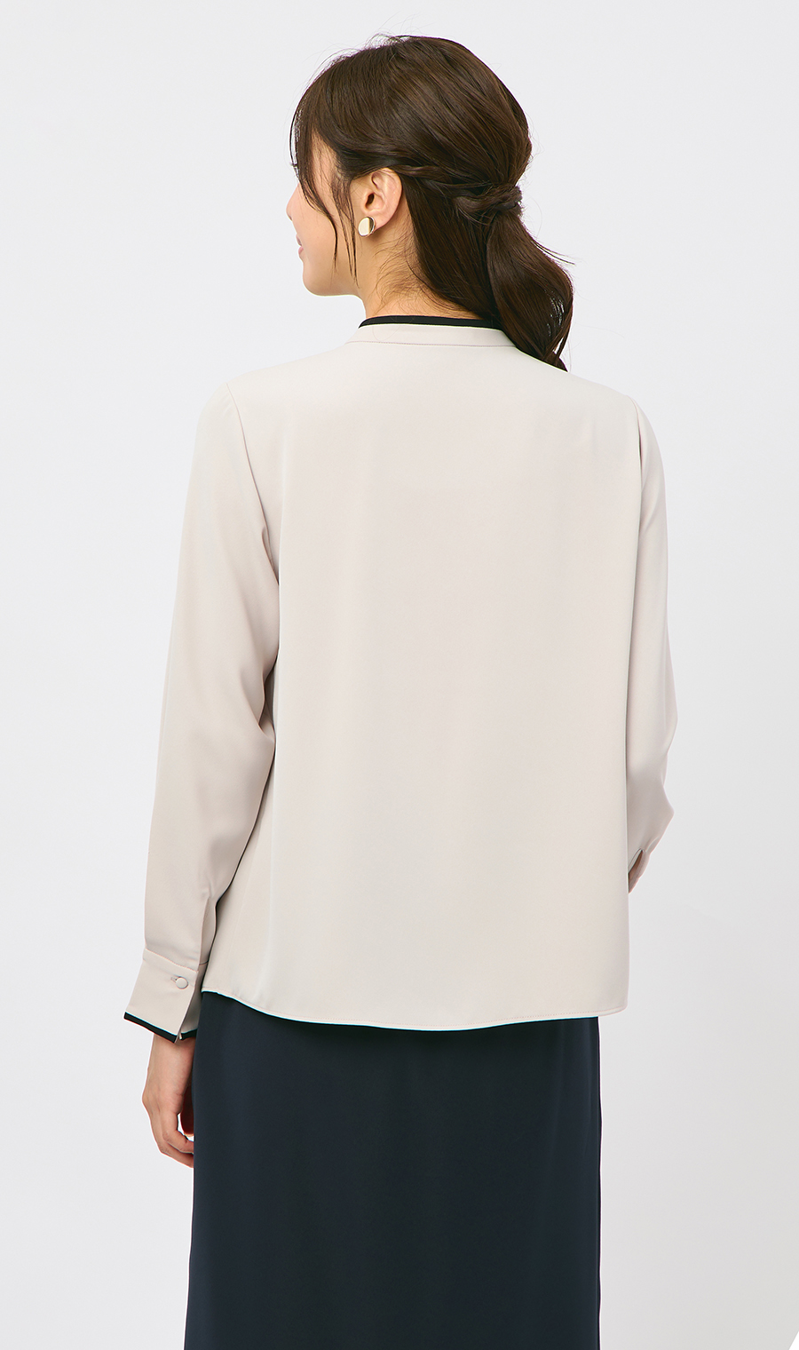 【週替わり_レディース】ライン配色フリルタイブラウス【長袖】【2WAY】 ベージュ S