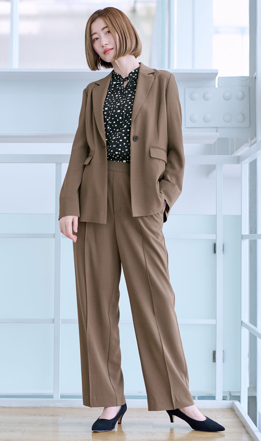 【週替わり_レディース】プリントバンドカラーリボンブラウス【長袖】 ブラック S