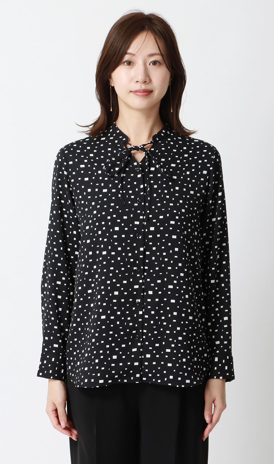 【週替わり_レディース】プリントバンドカラーリボンブラウス【長袖】 ブラック S