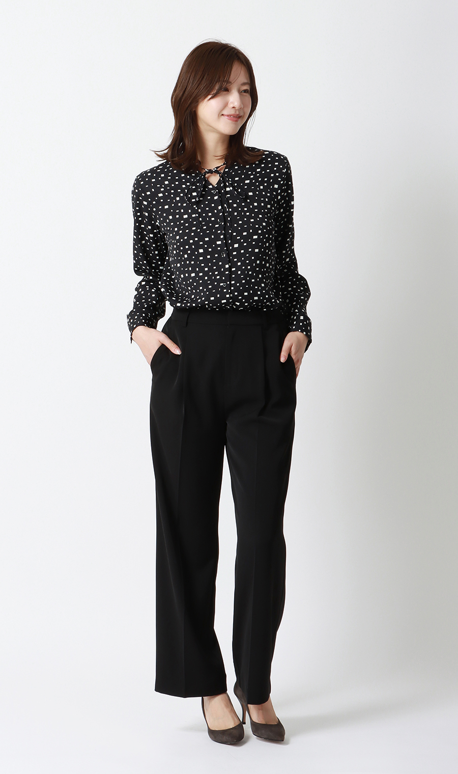 【週替わり_レディース】プリントバンドカラーリボンブラウス【長袖】 ブラック S