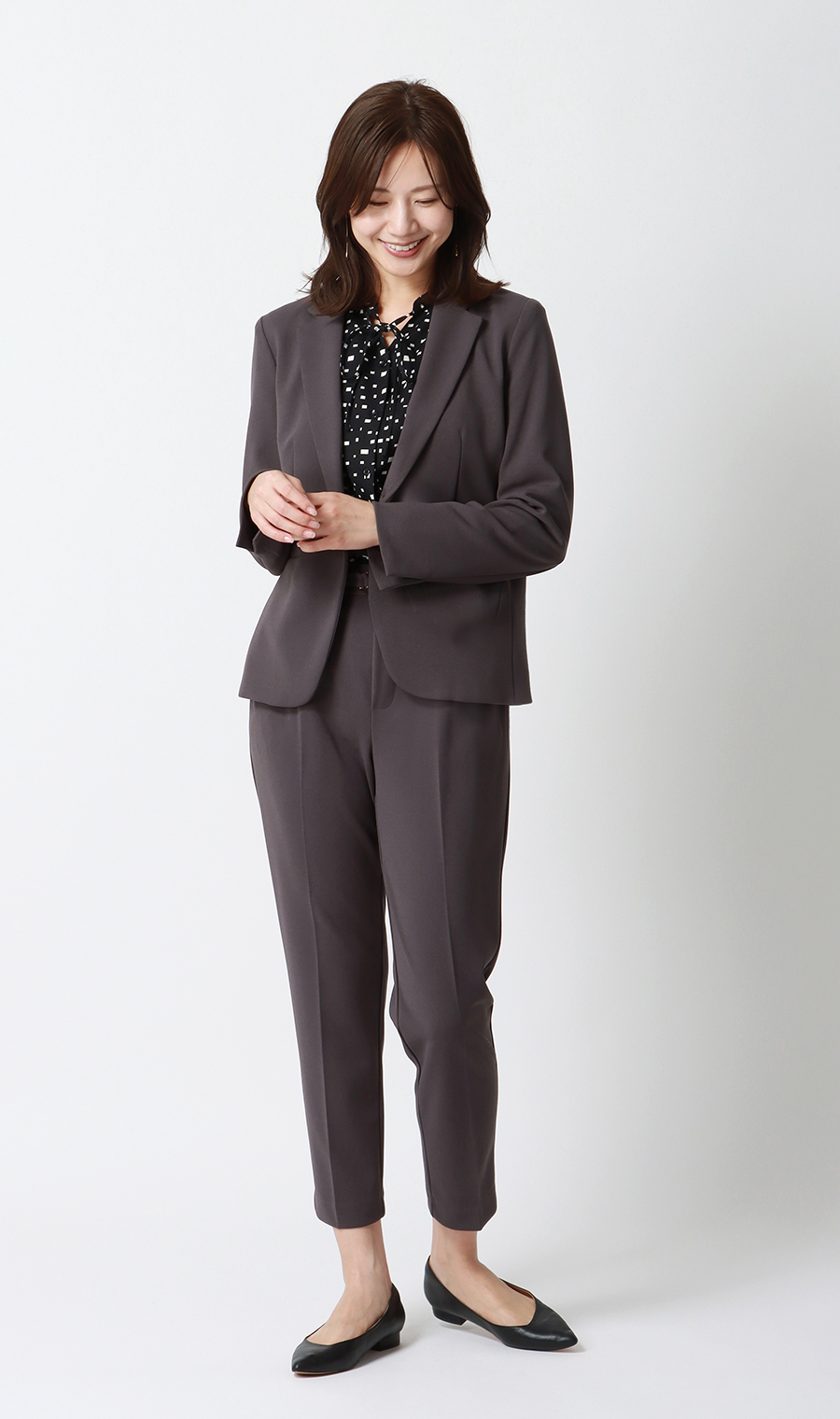 【週替わり_レディース】プリントバンドカラーリボンブラウス【長袖】 ブラック S