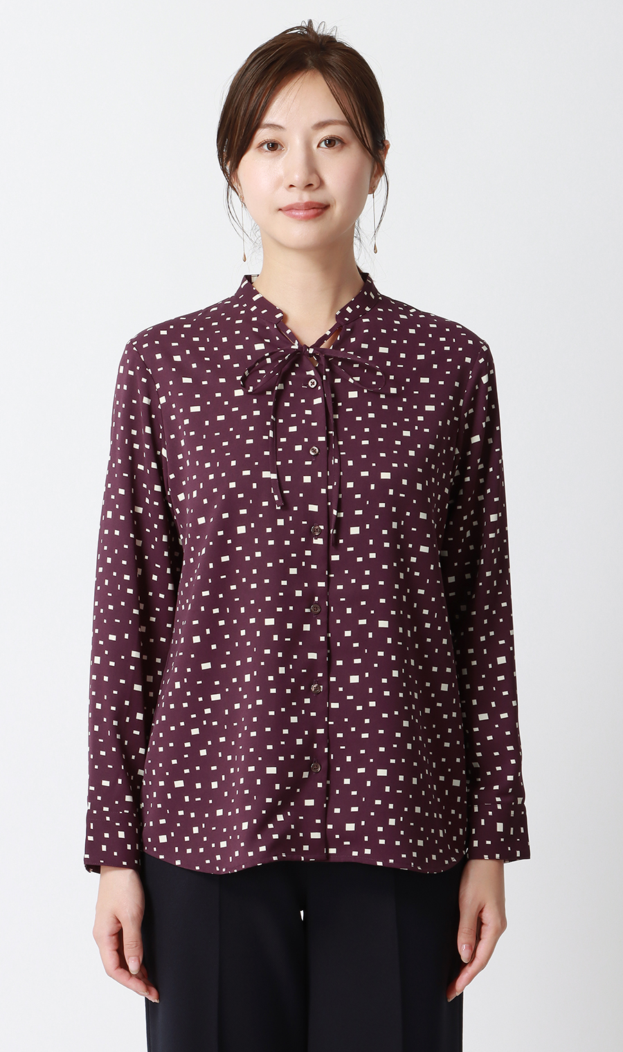 プリントバンドカラーリボンブラウス【長袖】 (HBL25144-89