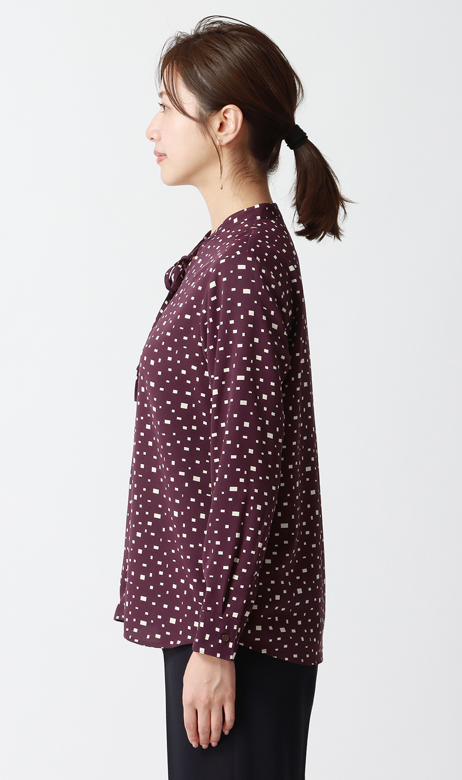 【週替わり_レディース】プリントバンドカラーリボンブラウス【長袖】 ワイン S