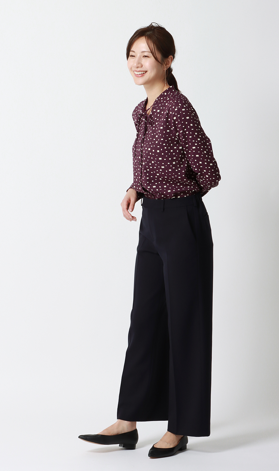 【週替わり_レディース】プリントバンドカラーリボンブラウス【長袖】 ワイン S