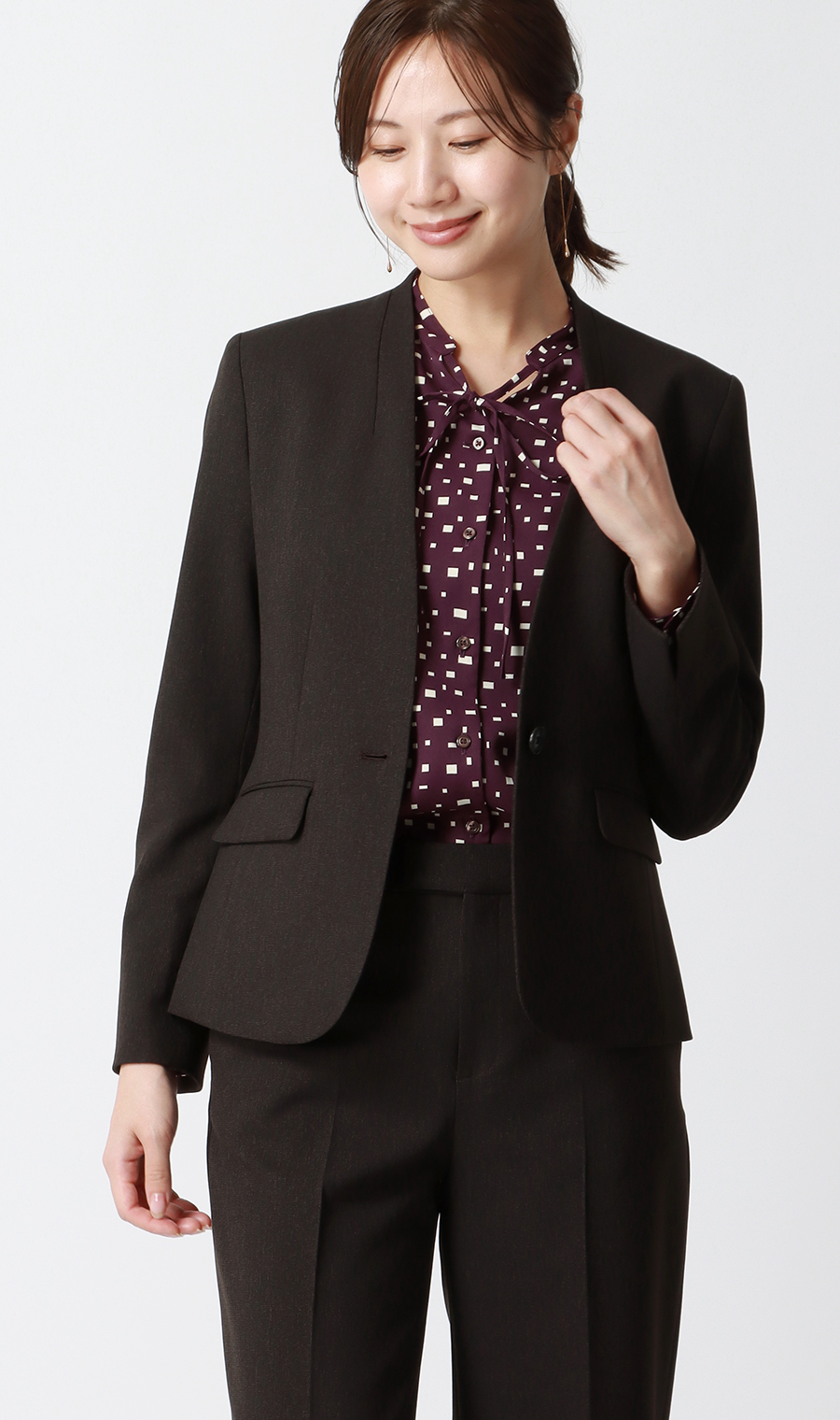 【週替わり_レディース】プリントバンドカラーリボンブラウス【長袖】 ワイン S