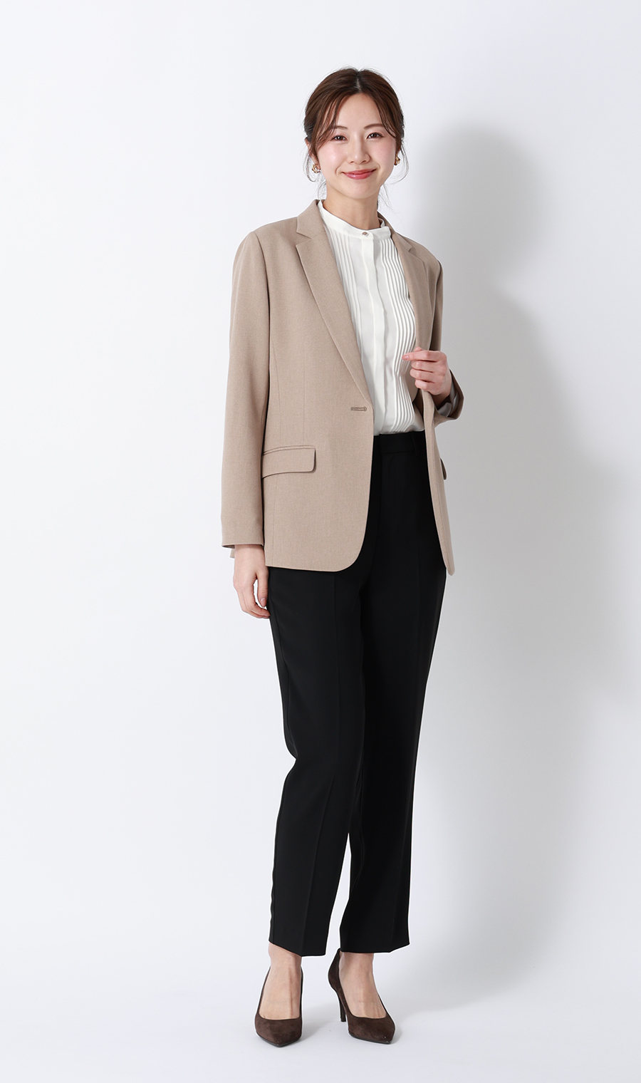 バンドカラーピンタックブラウス【長袖】 ホワイト S