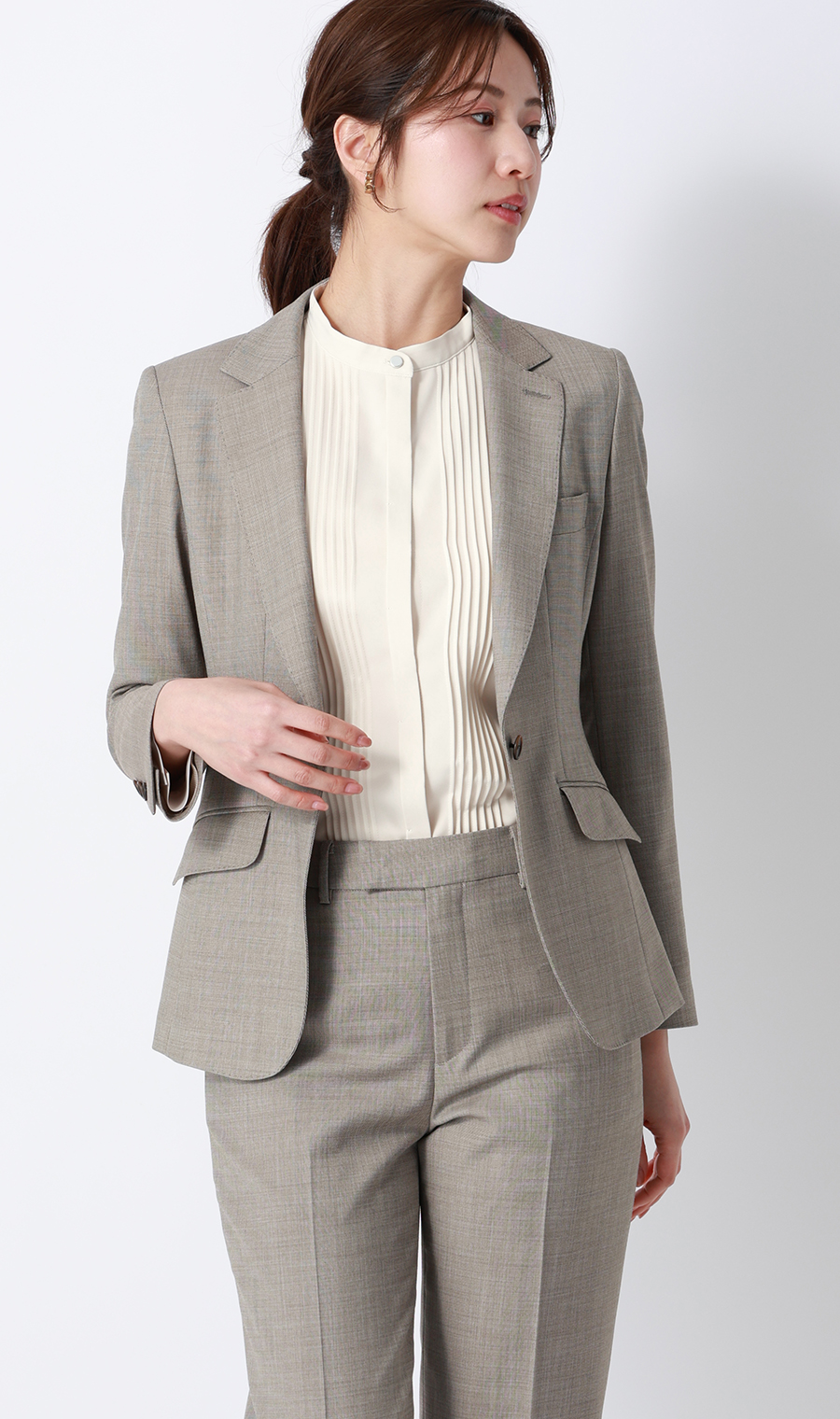 バンドカラーピンタックブラウス【長袖】 ベージュ S