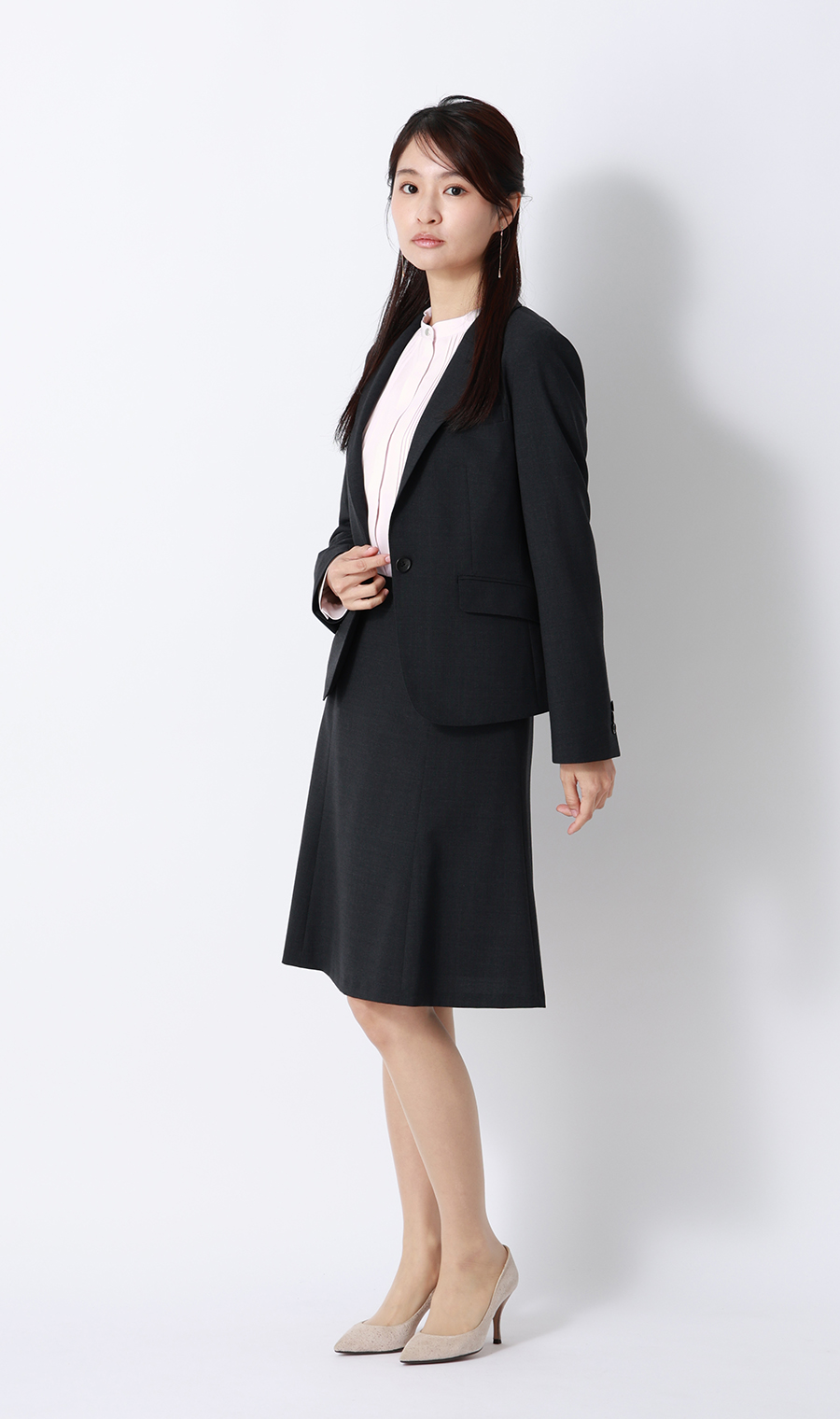 バンドカラーピンタックブラウス【長袖】 ピンク S