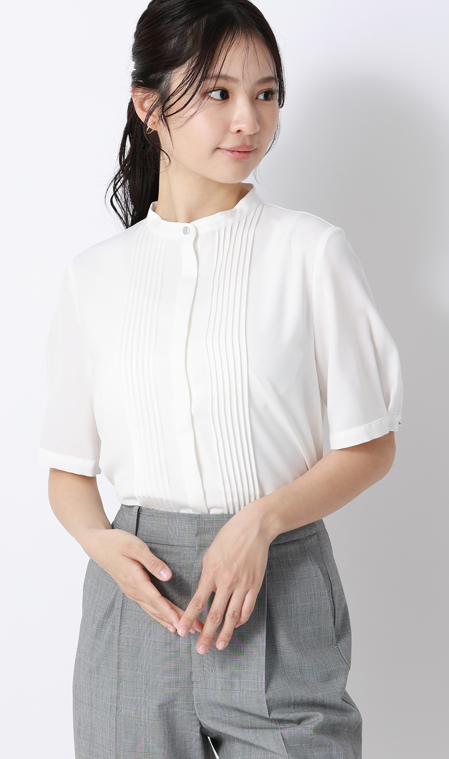 ピンタックブラウス【半袖】 ホワイト S