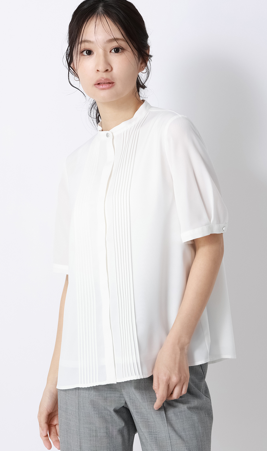ピンタックブラウス【半袖】 ホワイト S