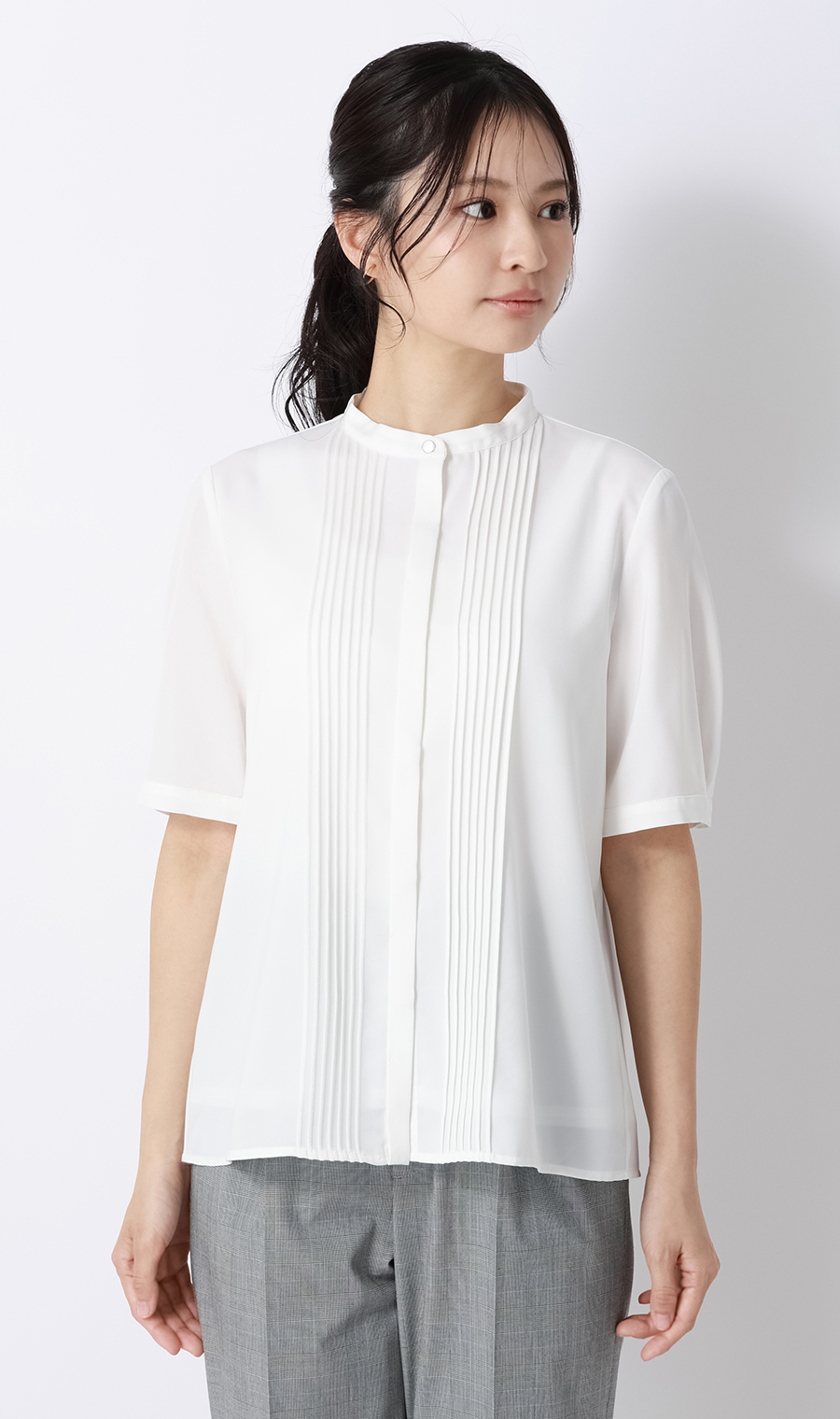 ピンタックブラウス【半袖】 ホワイト S