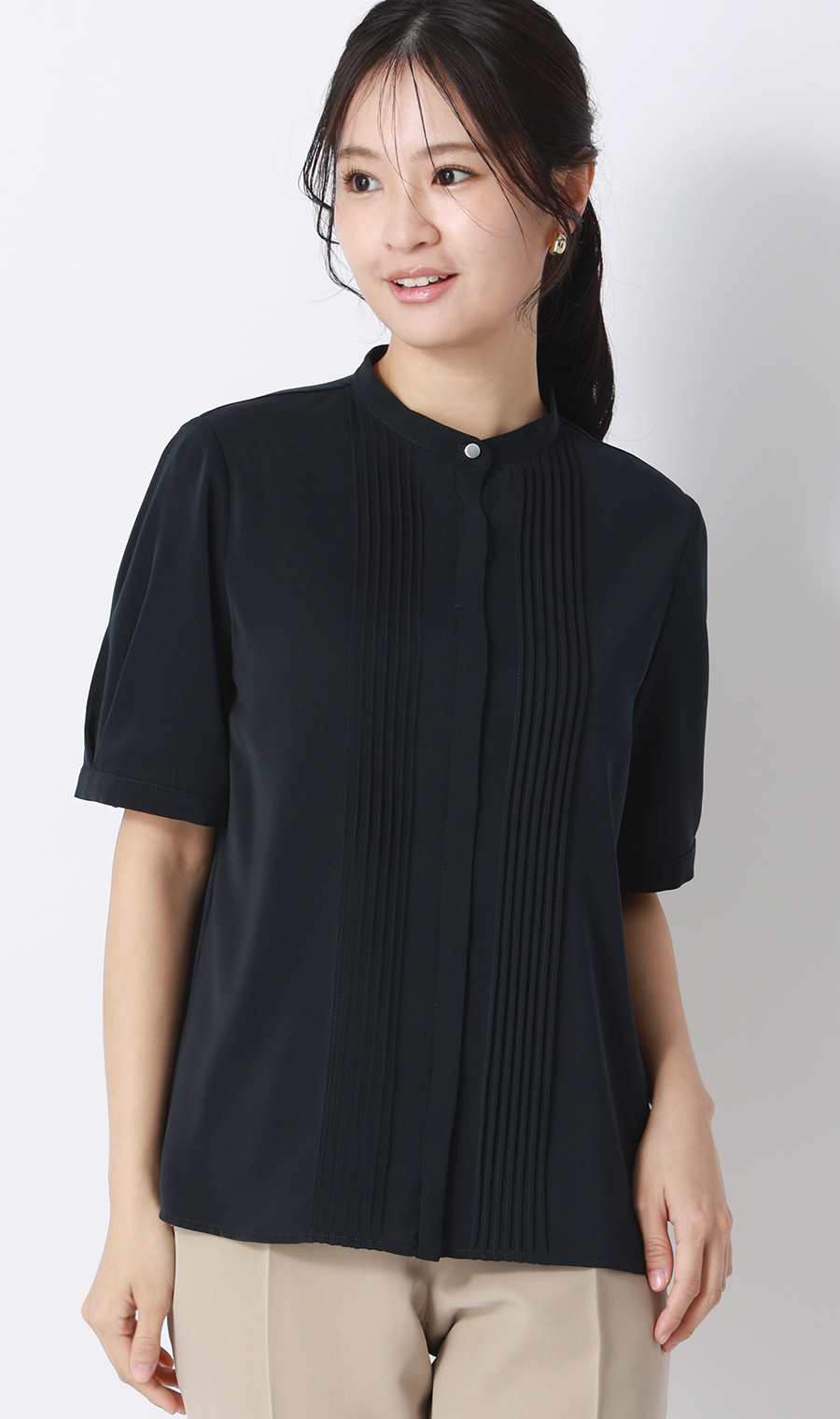 ピンタックブラウス【半袖】 ネイビー S